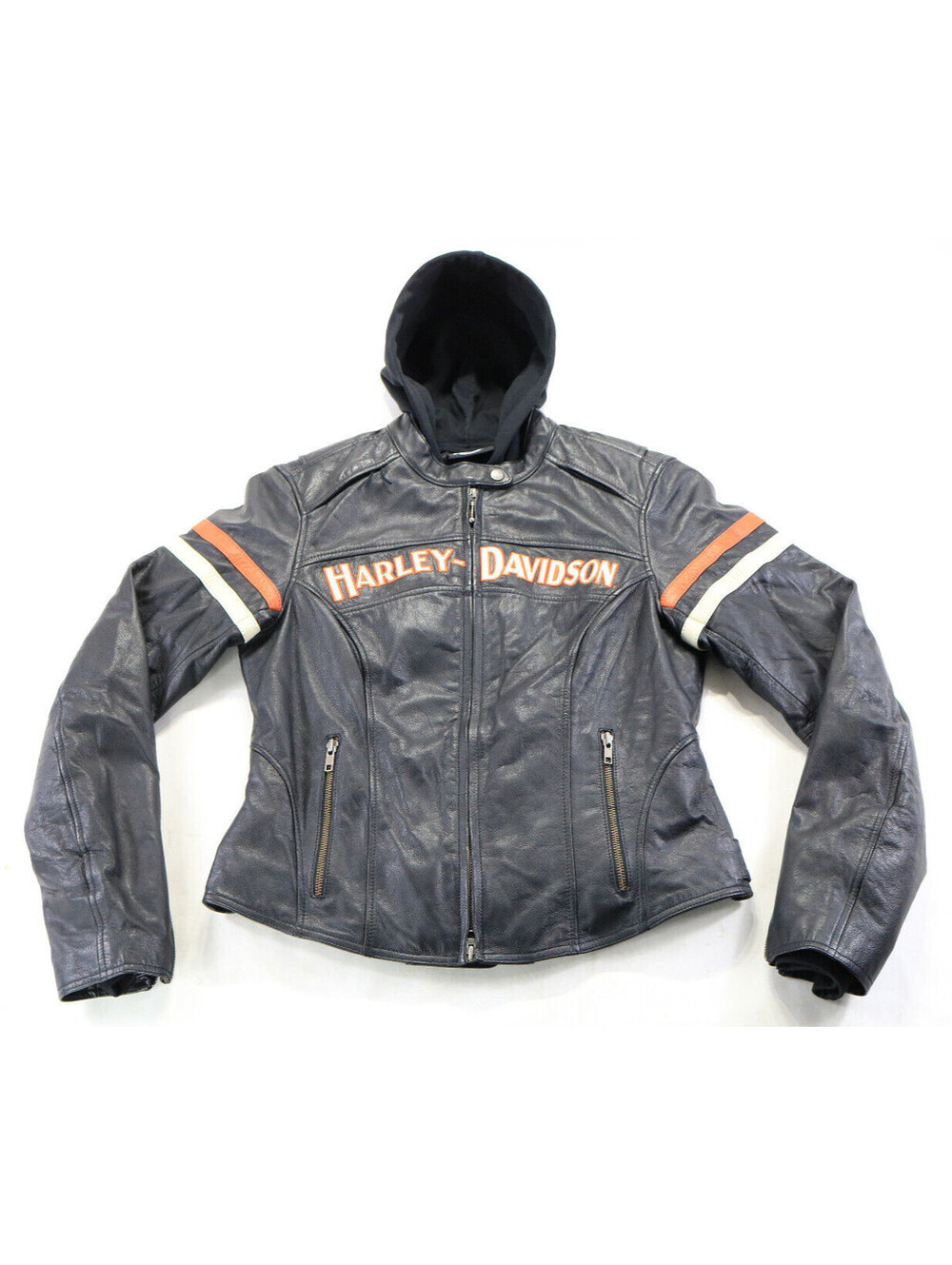 harley davidson jacket M black leather armor pockets reflective hoodie vents bar